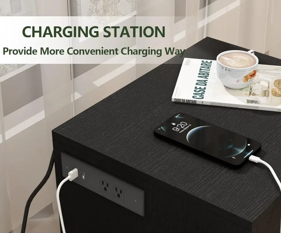 Nightstand with RFID lock hidden compartment and built in USB charging ports with LED lighting depiction of charging station