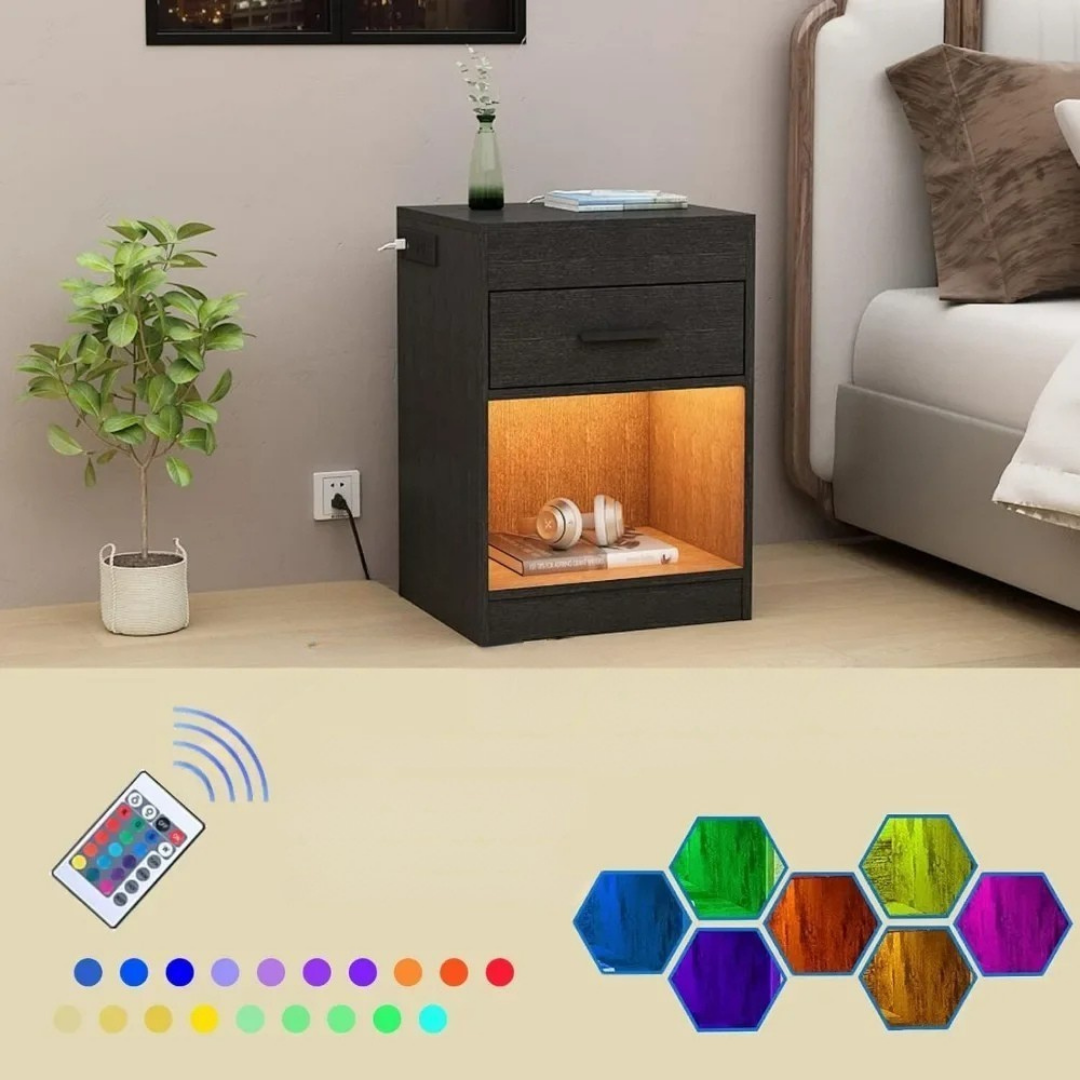 Nightstand with RFID lock hidden compartment and built in USB charging ports with LED lighting depiction of 16 colors switch with remote feature