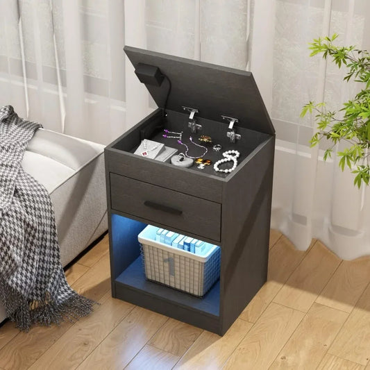 Nightstand with RFID lock hidden compartment and built in USB charging ports with LED lighting