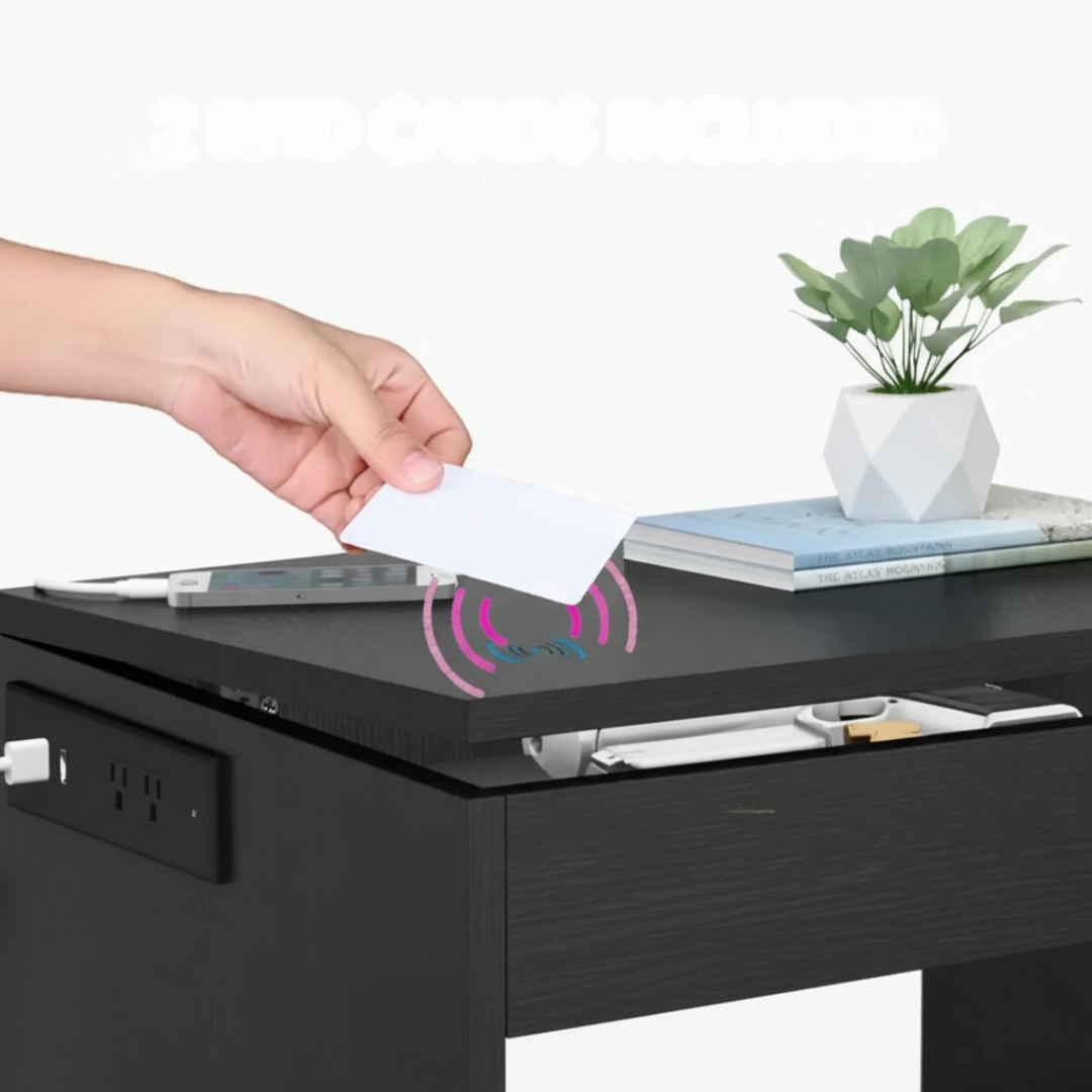 Nightstand with RFID lock hidden compartment and built in USB charging ports with LED lighting depiction of RFID magnetic lock system