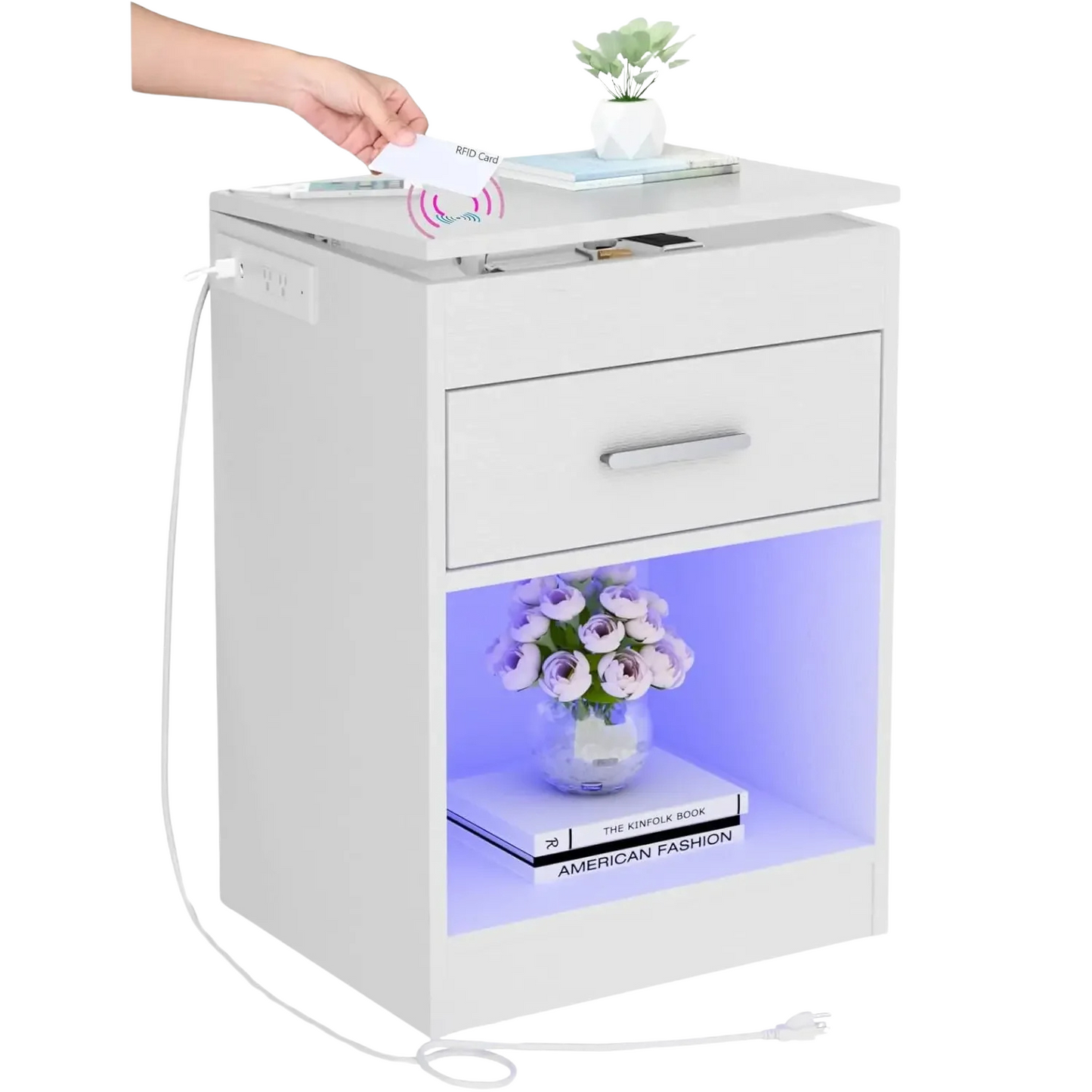 Nightstand in white color with RFID lock hidden compartment and built in USB charging ports with LED lighting (Color: White)