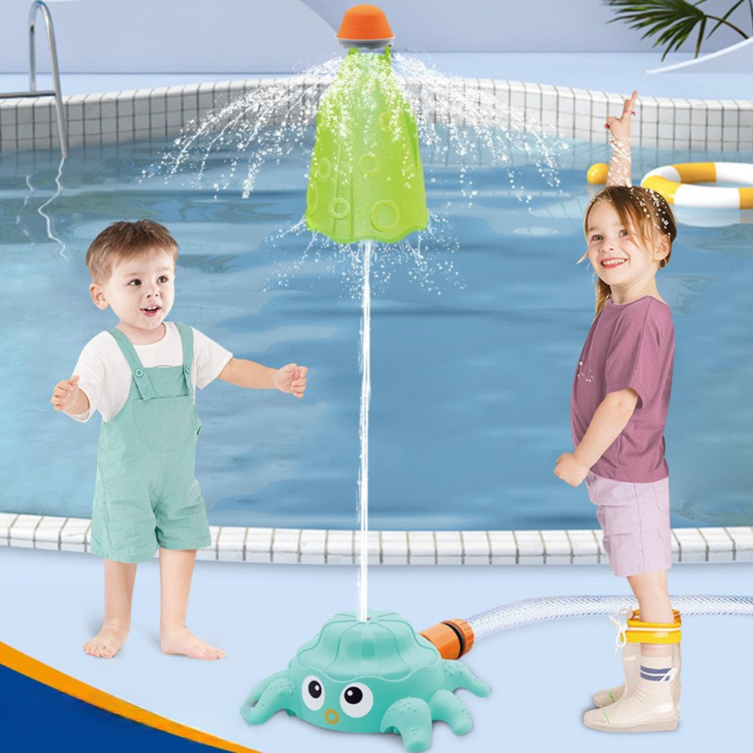 Octopus rocket water sprinkler toy spraying water and launching upward for kids outdoor play depiction of octopus toy head going up