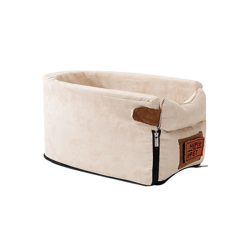 Pet car armrest seat in beige color with cushioned support breathable fabric and elevated travel comfort for small pets (Color: Beige)