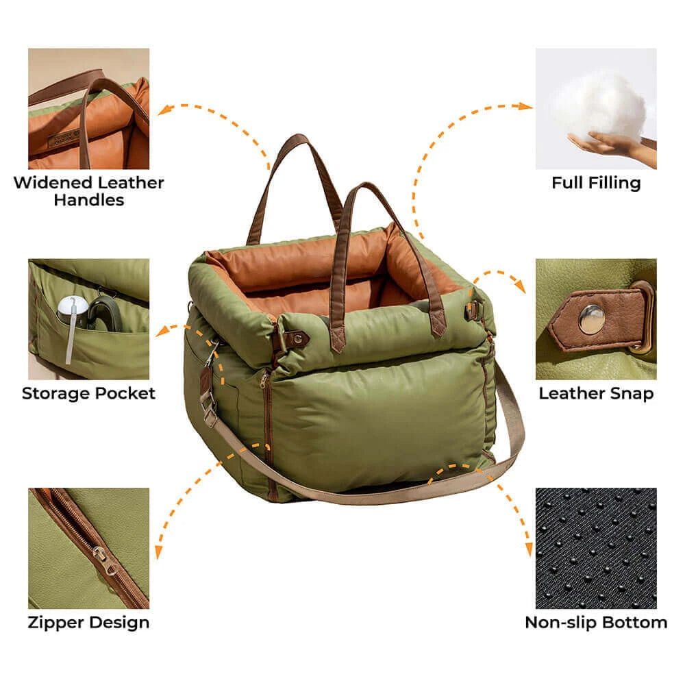 Pet car seat bed with safety buckle and padded design for safe and comfortable travel depiction of contents
