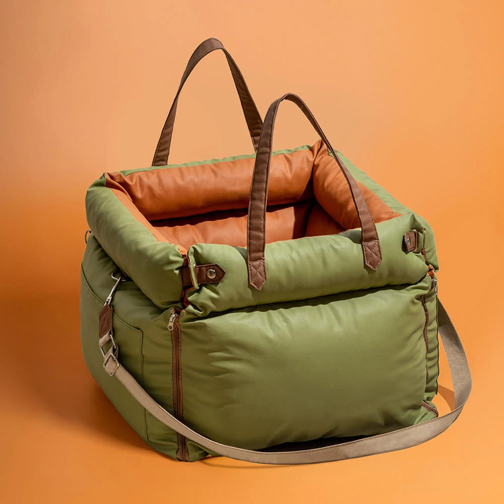 Pet car seat bed in green color with safety buckle and padded design for safe and comfortable travel (Color: Green)