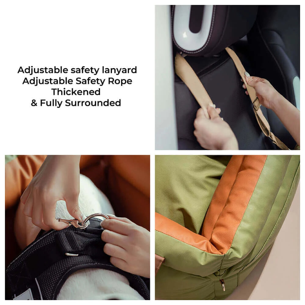 Pet car seat bed with safety buckle and padded design for safe and comfortable travel depiction of safety buckle