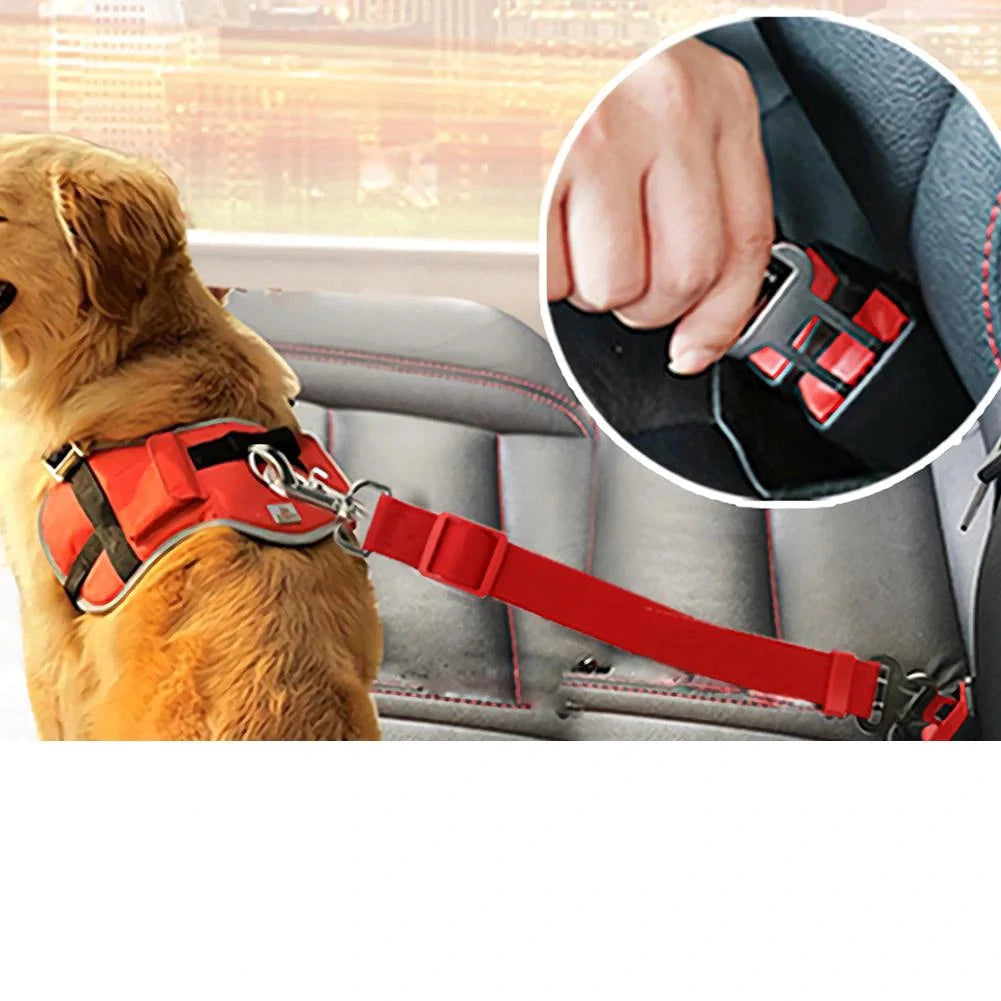 Pet car seat belt adjustable safety strap for dogs to keep pets secure during travel depiction of use in a car