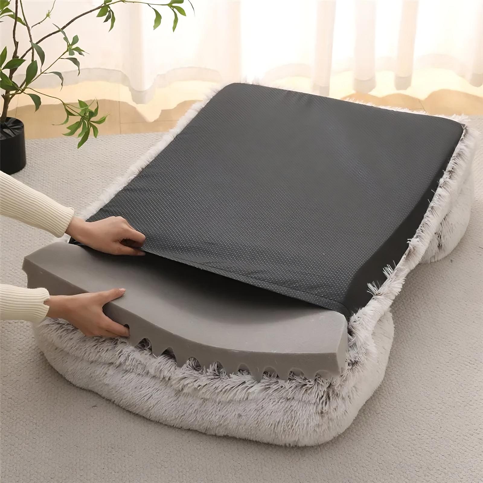 Pet sofa bed with soft cushioning and washable cover for comfortable sleep depiction of easy cleaning