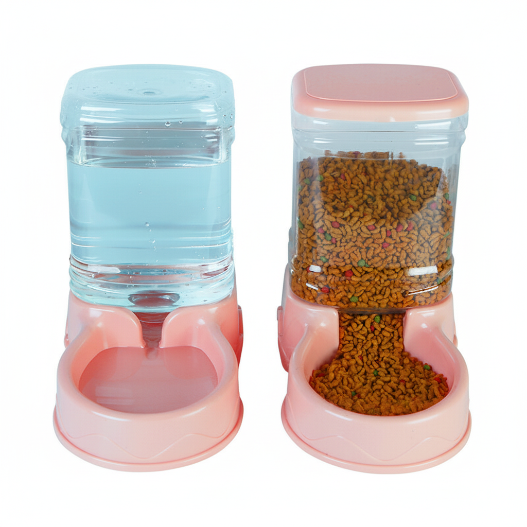 Pet feeder and water dispenser set in pink color for dogs and cats (Color: Pink)