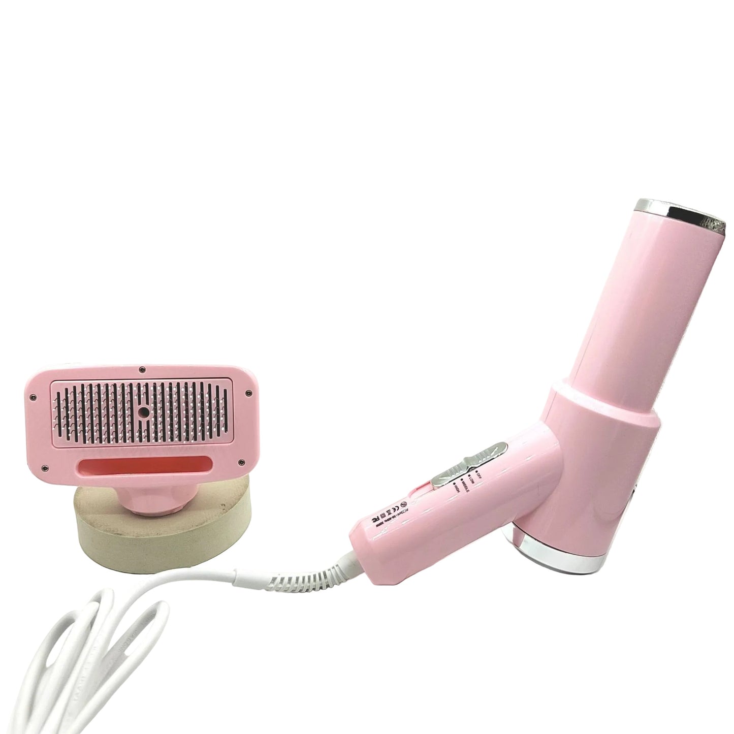 Pet hair dryer brush in pink color designed for drying and grooming dogs and cats during home grooming (Color: Pink)