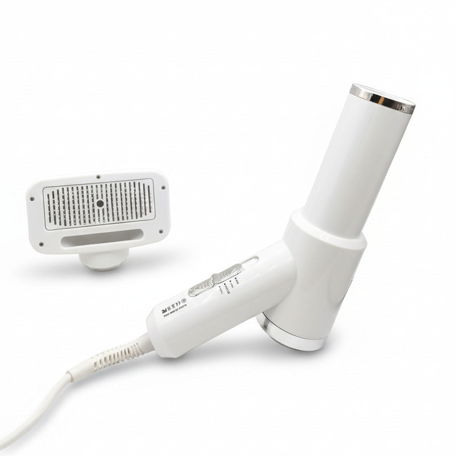 Pet hair dryer brush in white color designed for drying and grooming dogs and cats during home grooming (Color: White)