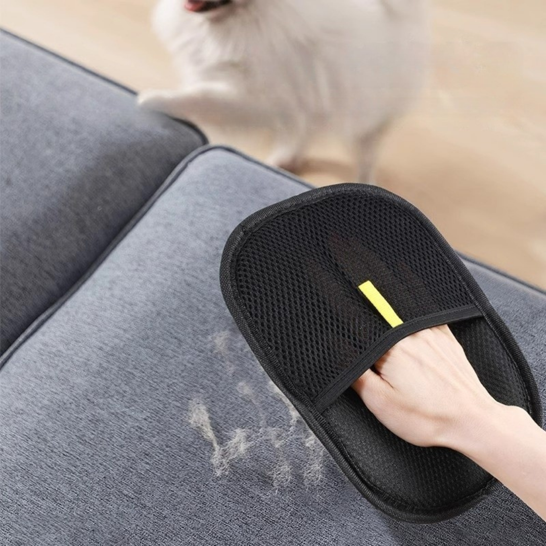 Pet hair removal gloves for grooming shedding and bathing dogs and cats depiction of cleaning furniture
