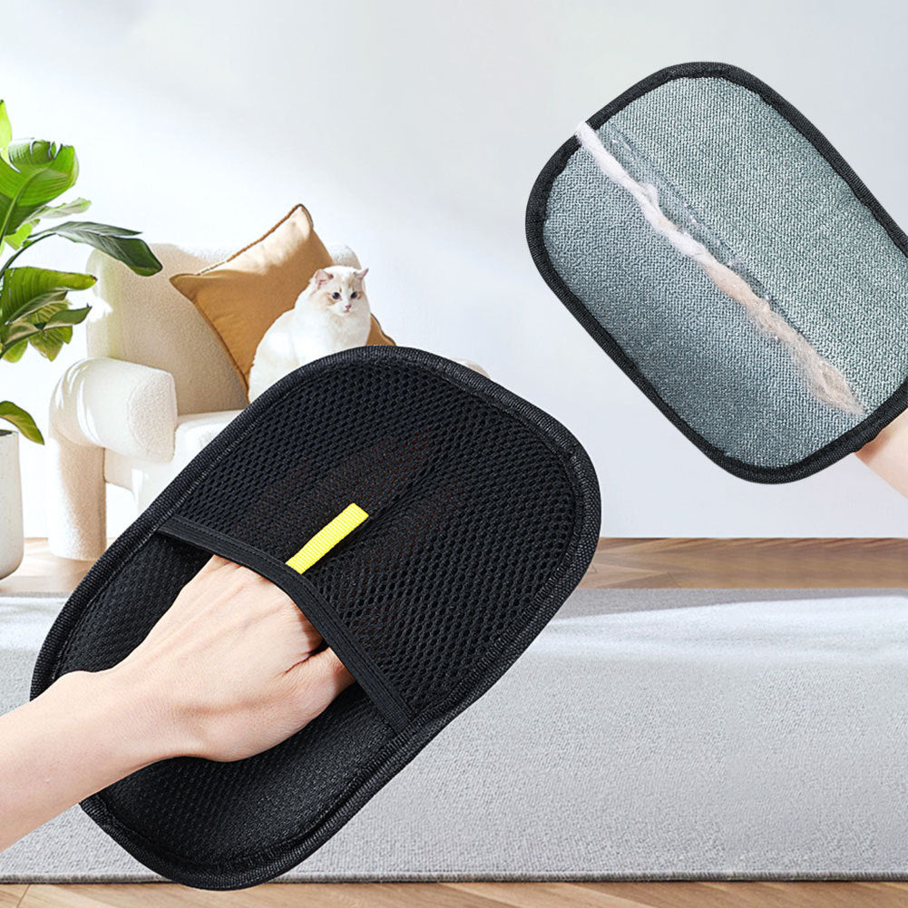 Pet hair removal gloves for grooming shedding and bathing dogs and cats product shot in a living room setting