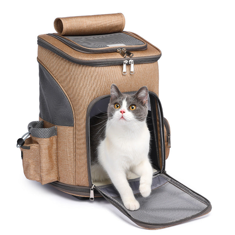 Pet travel backpack with wheels designed for carrying cats and small dogs during travel and outdoor activities alternate front view