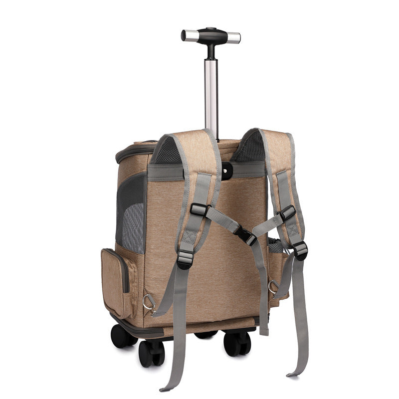 Pet travel backpack with wheels designed for carrying cats and small dogs during travel and outdoor activities back view