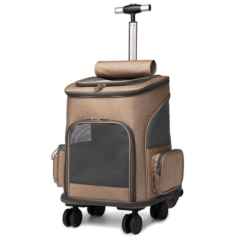 Pet travel backpack in brown color with wheels designed for carrying cats and small dogs during travel and outdoor activities (Color: Brown)