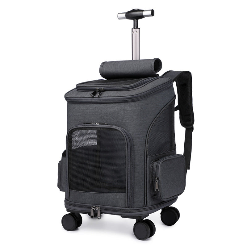 Pet travel backpack in dark gray color with wheels designed for carrying cats and small dogs during travel and outdoor activities (Color: Dark Gray)