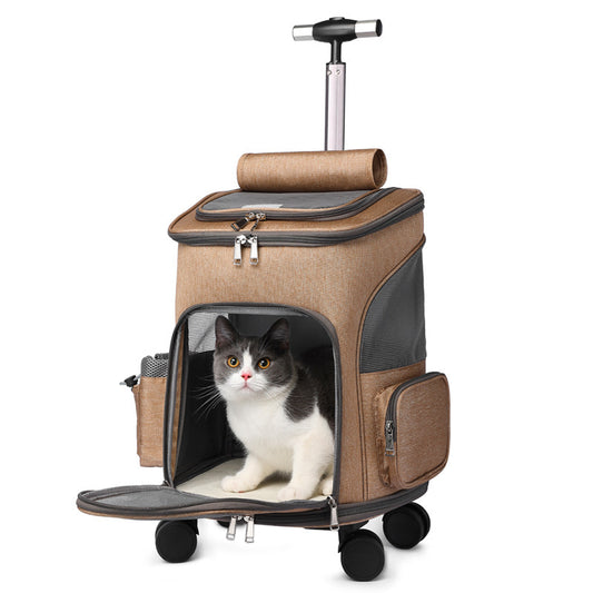 Pet travel backpack with wheels designed for carrying cats and small dogs during travel and outdoor activities front view
