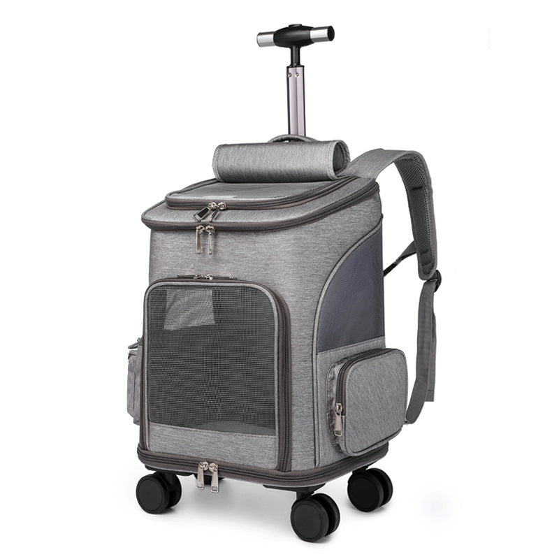 Pet travel backpack in light gray color with wheels designed for carrying cats and small dogs during travel and outdoor activities (Color: Light Gray)
