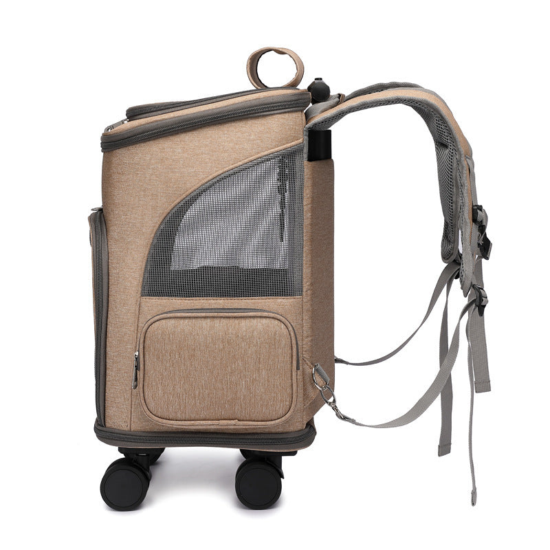 Pet travel backpack with wheels designed for carrying cats and small dogs during travel and outdoor activities side view