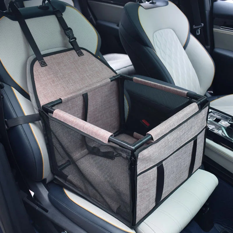 Pet travel car seat in brown color with safety leash and breathable mesh window for comfortable and secure trips (Color: Brown)