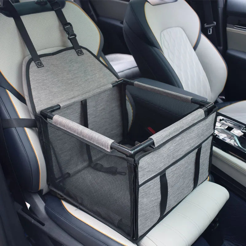Pet travel car seat in gray color with safety leash and breathable mesh window for comfortable and secure trips (Color: Gray)