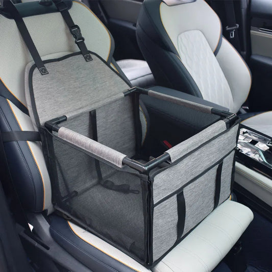 Pet travel car seat in gray color with safety leash and breathable mesh window for comfortable and secure trips (Color: Gray)