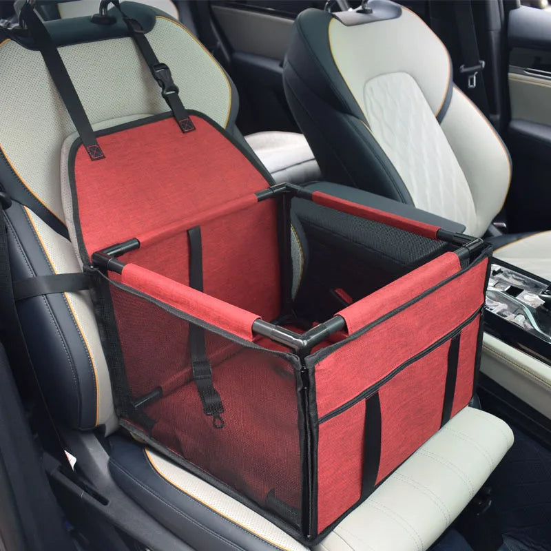 Pet travel car seat in red color with safety leash and breathable mesh window for comfortable and secure trips (Color: Red)
