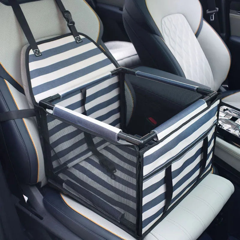 Pet travel car seat in white and blue color with safety leash and breathable mesh window for comfortable and secure trips (Color: White & Blue)