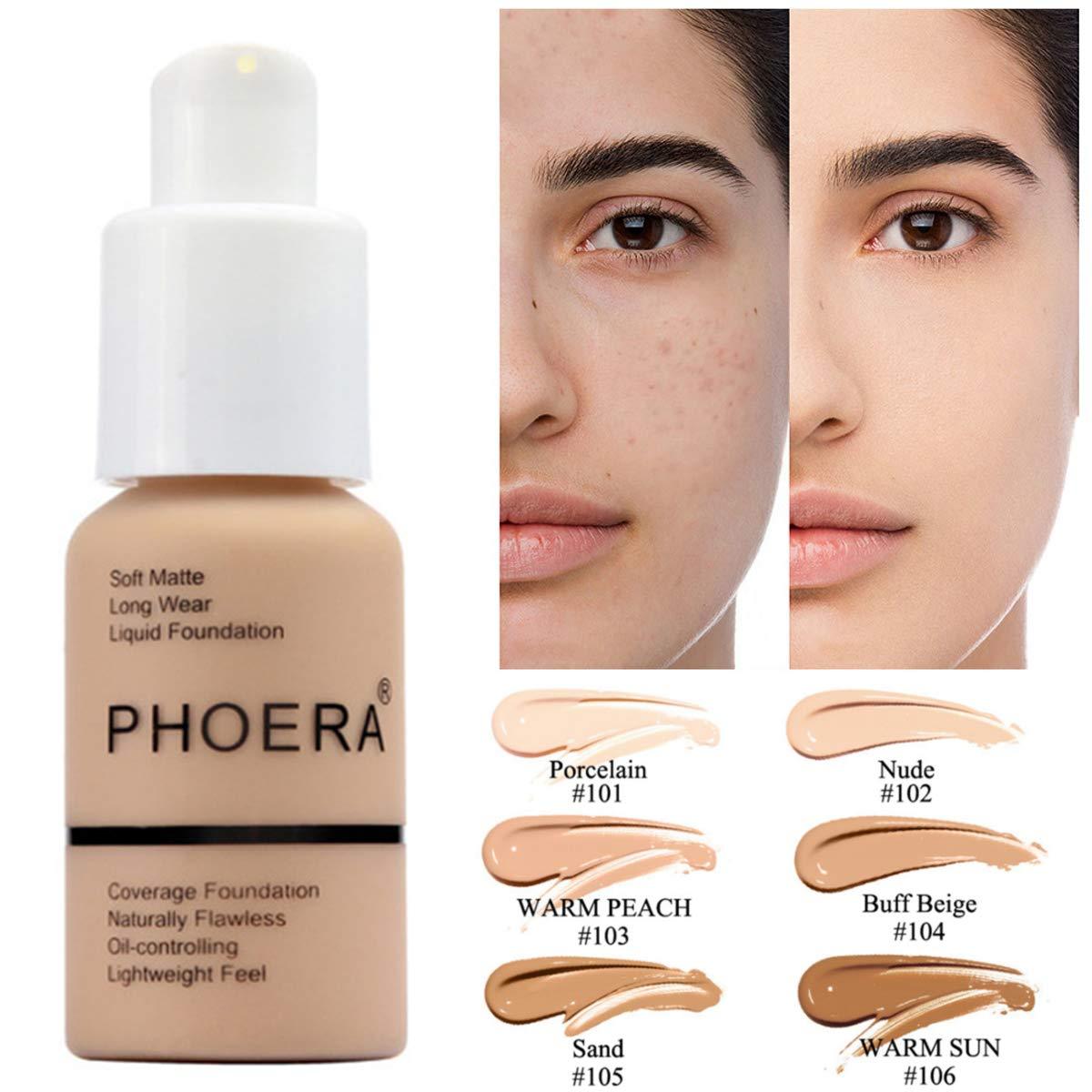 PHOERA matte concealer foundation cream set designed for oil control and smooth natural coverage depiction of before and after use