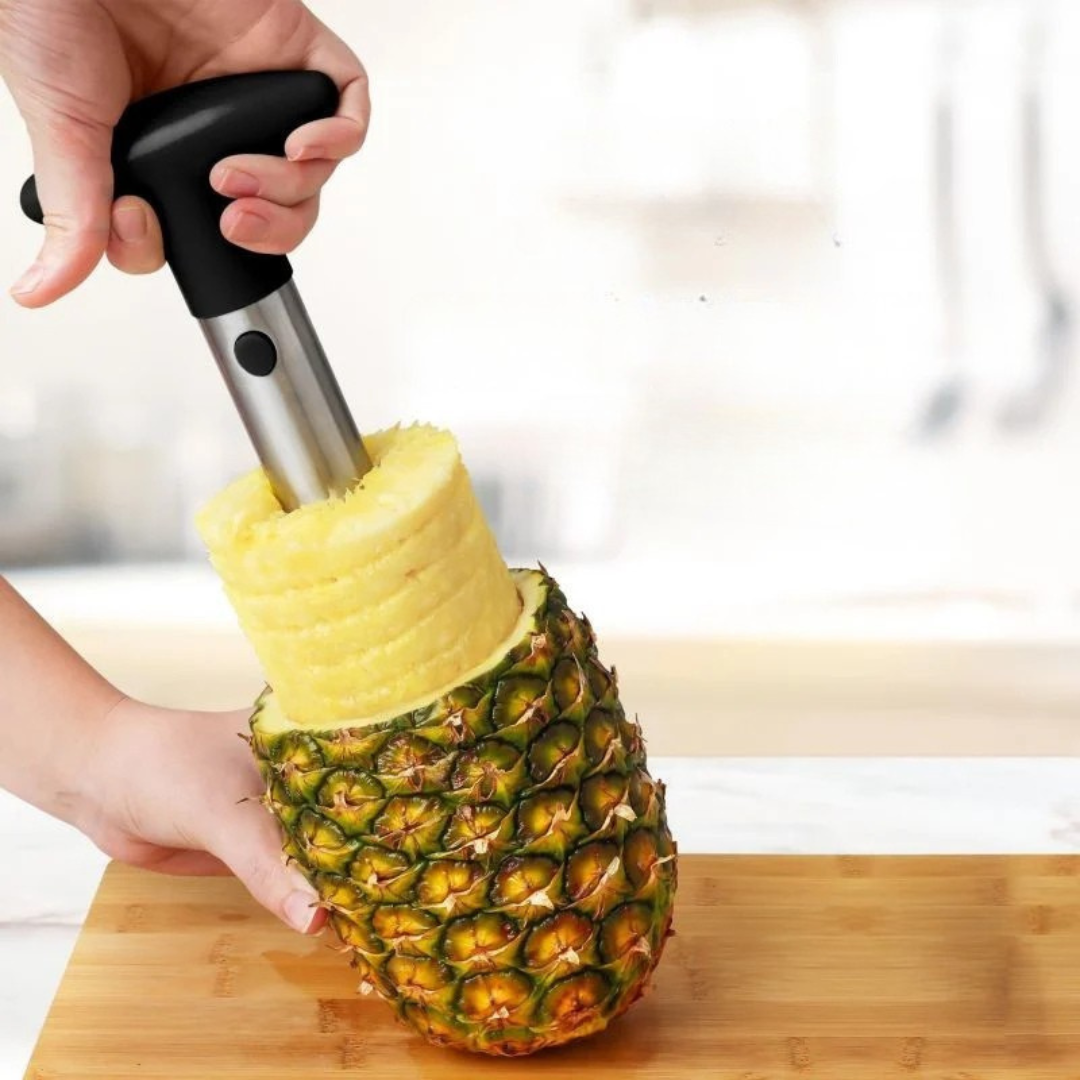 Stainless steel pineapple corer and slicer for creating fresh pineapple rings easily depiction of use
