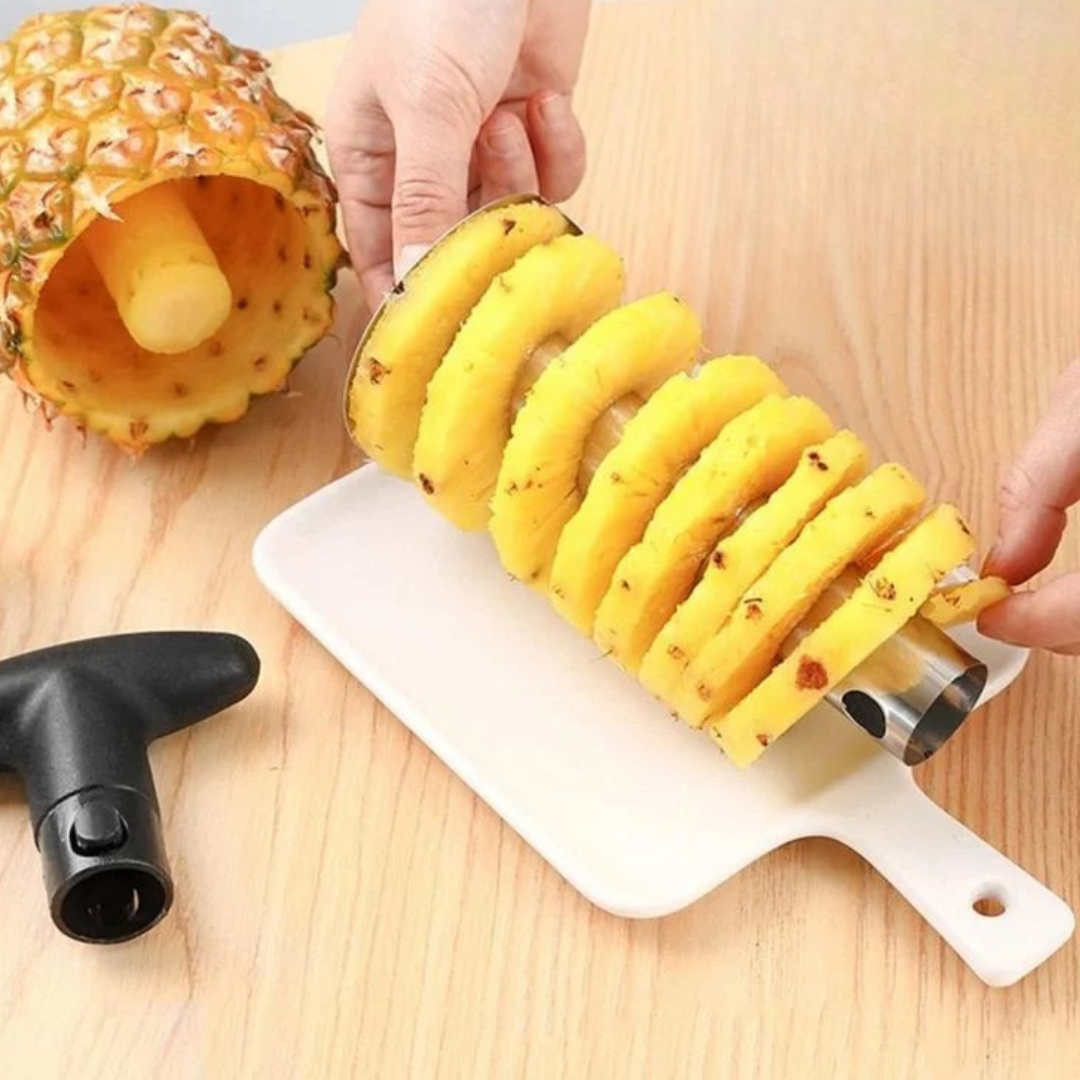 Stainless steel pineapple corer and slicer for creating fresh pineapple rings easily depiction of rings