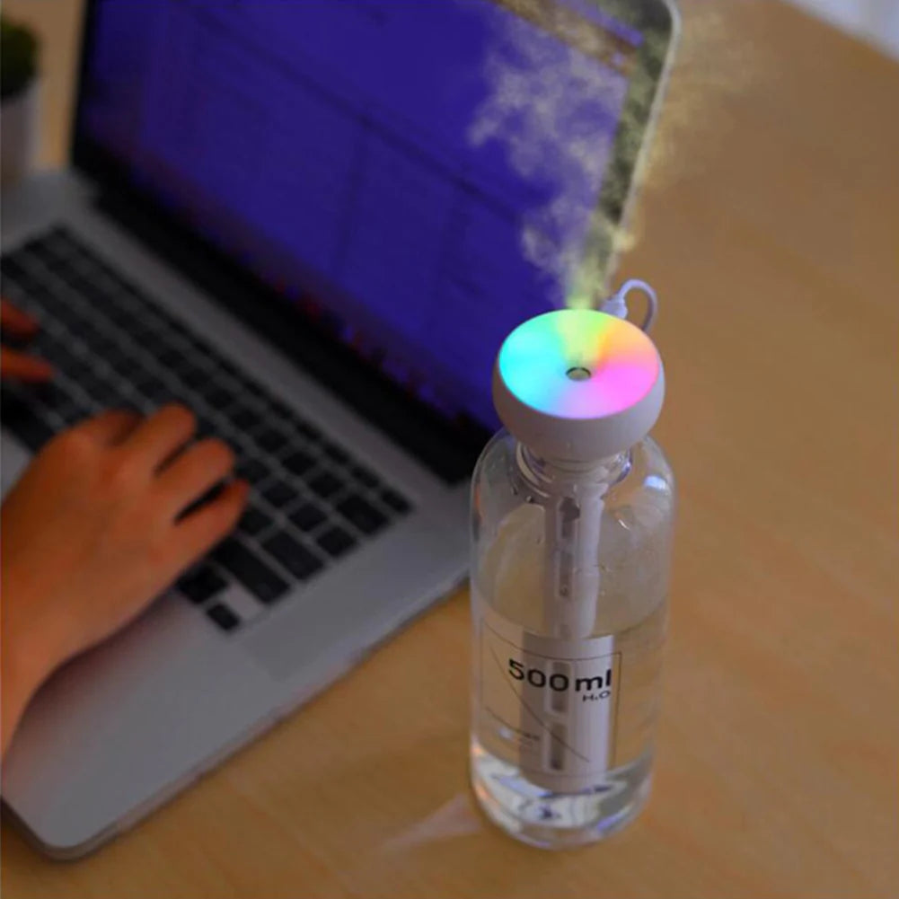 Portable air humidifier compatible with bottles and cups for travel and personal use depiction of use with a bottle