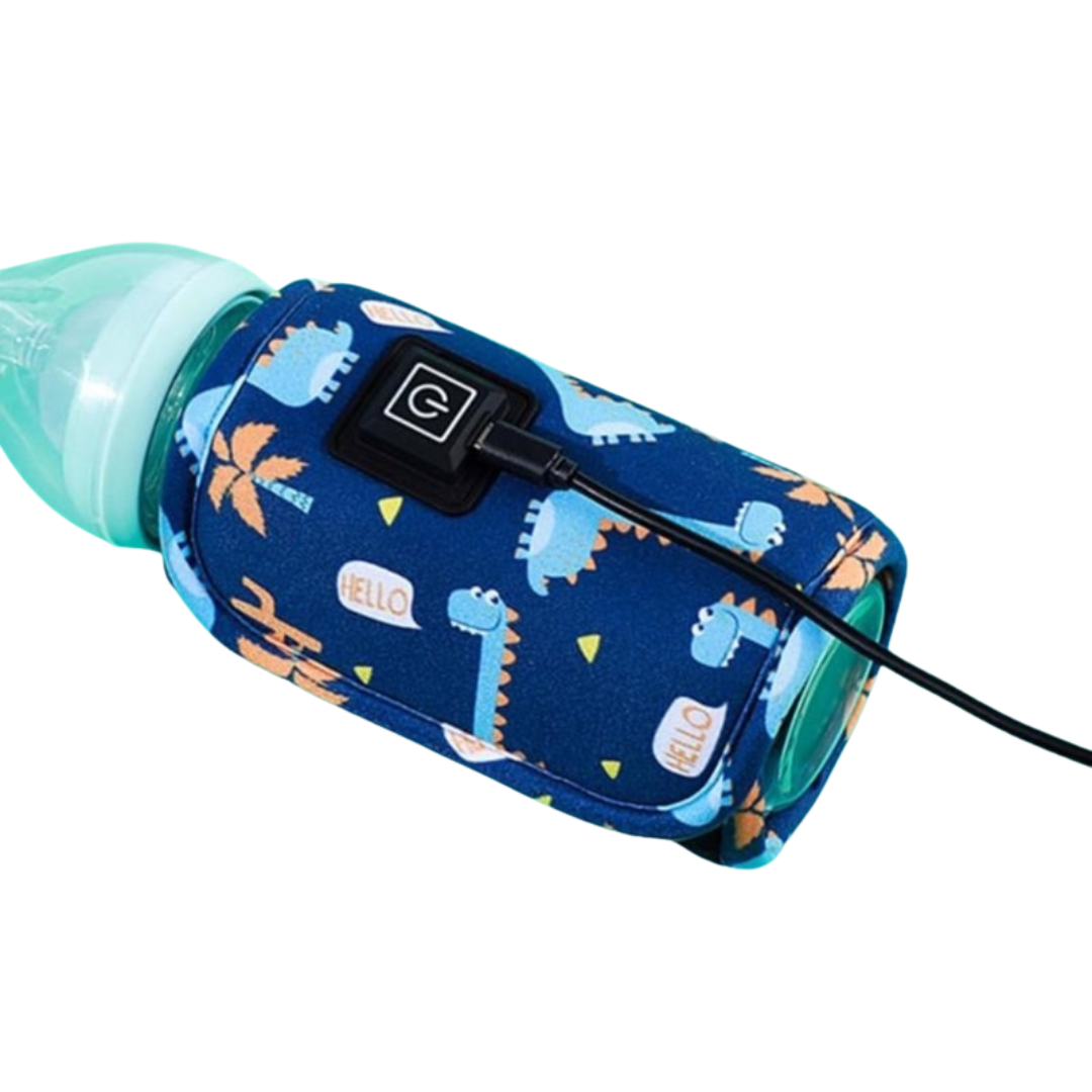 Portable baby bottle warmer for travel with adjustable temperature settings for milk heating depiction of charging