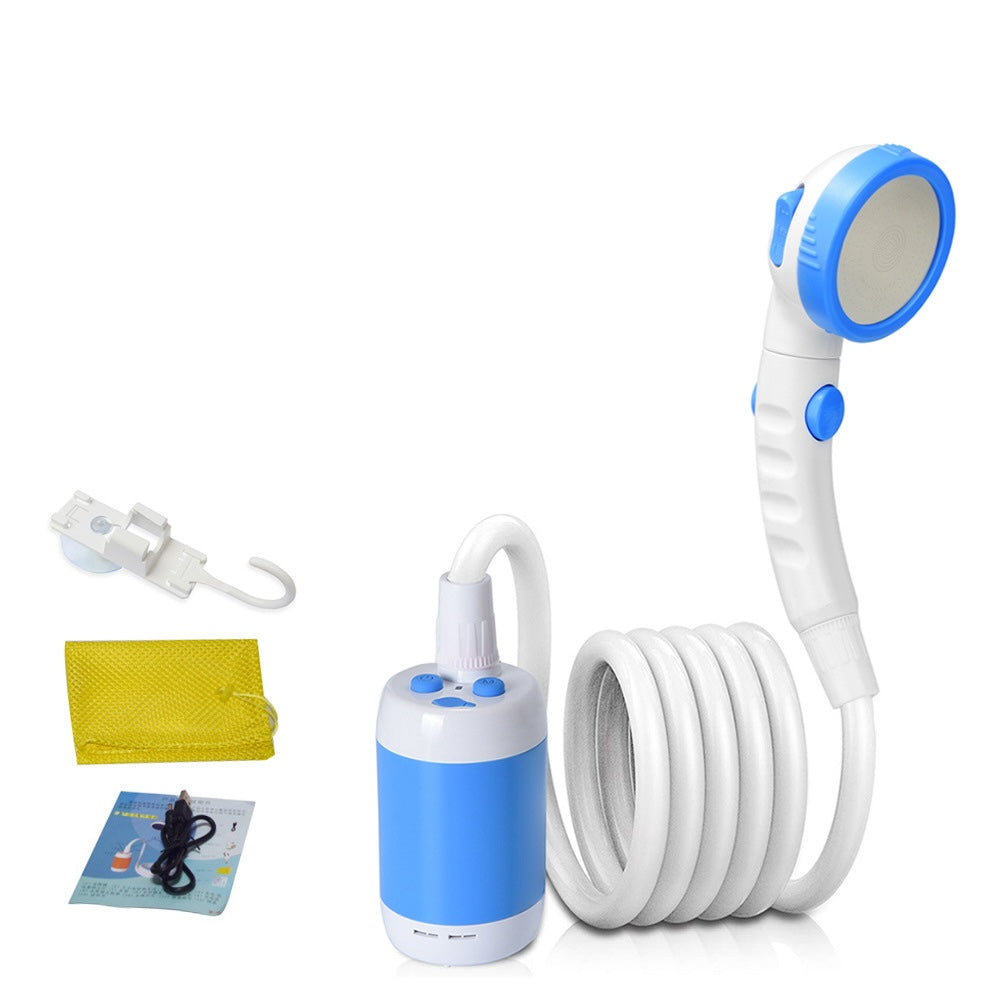 Portable camping shower in blue color with rechargeable battery and strong water flow for outdoor use (Color: Blue)