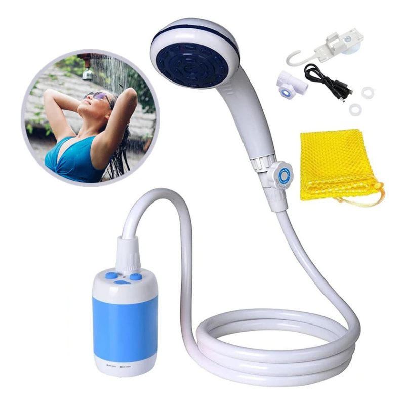 Portable camping shower with rechargeable battery and strong water flow for outdoor use