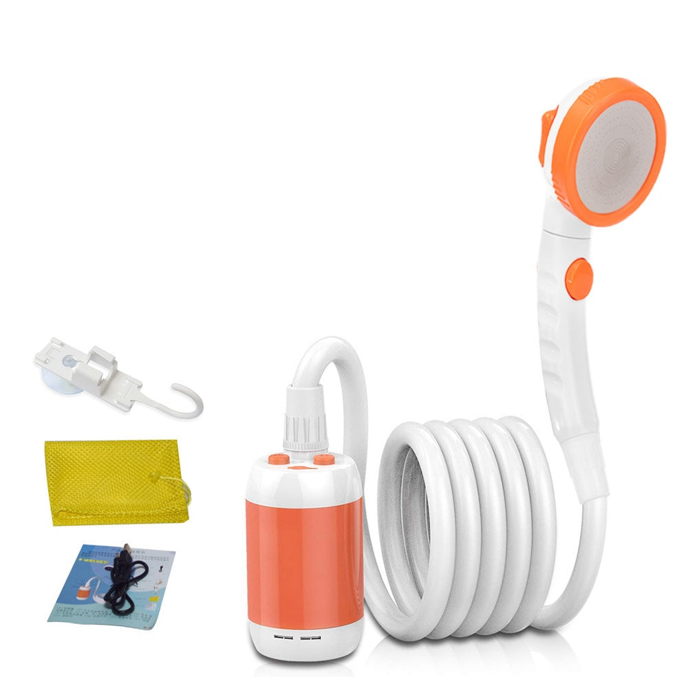 Portable camping shower in orange color with rechargeable battery and strong water flow for outdoor use (Color: Orange)