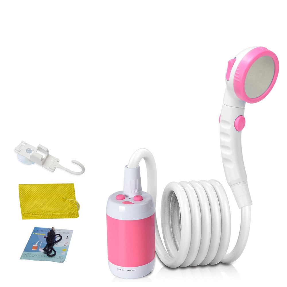 Portable camping shower in pink color with rechargeable battery and strong water flow for outdoor use (Color: Pink)