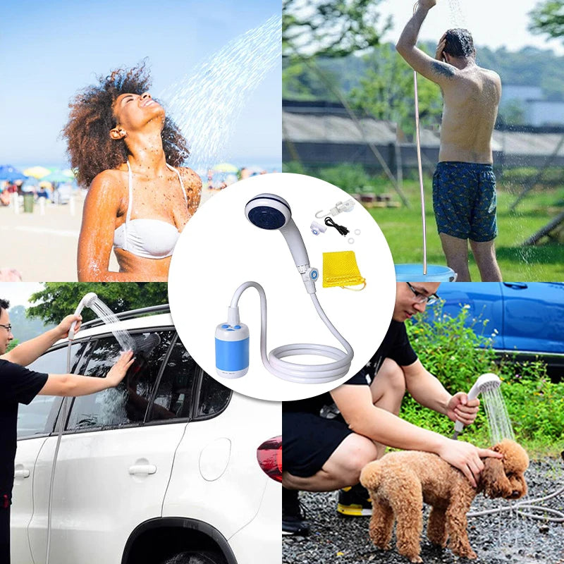 Portable camping shower with rechargeable battery and strong water flow for outdoor use depiction of use cases