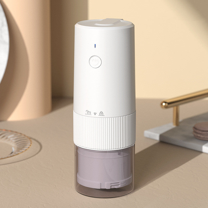 Portable coffee grinder in white color with compact cordless design for fresh coffee at home office or travel (Color: White)