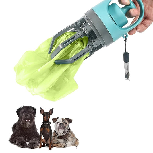 Portable dog poop scooper with built in waste bag dispenser and ergonomic pickup claw
