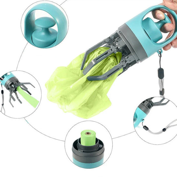 Portable dog poop scooper with built in waste bag dispenser and ergonomic pickup claw parts