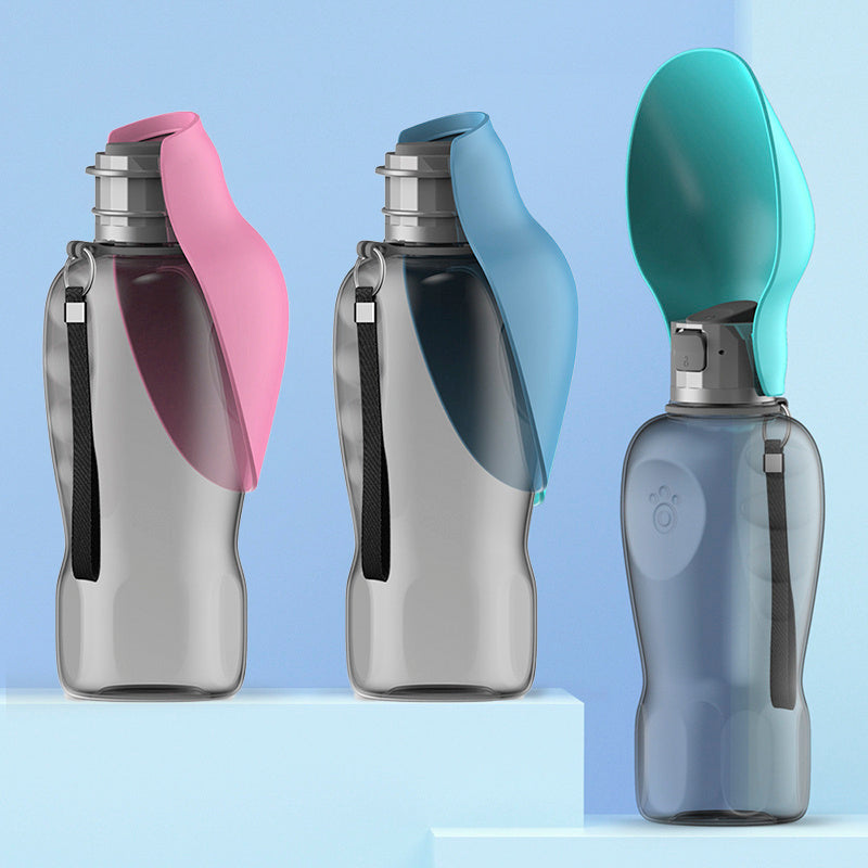 Portable dog water bottle with built-in bowl and one-button dispenser for outdoor hydration trio