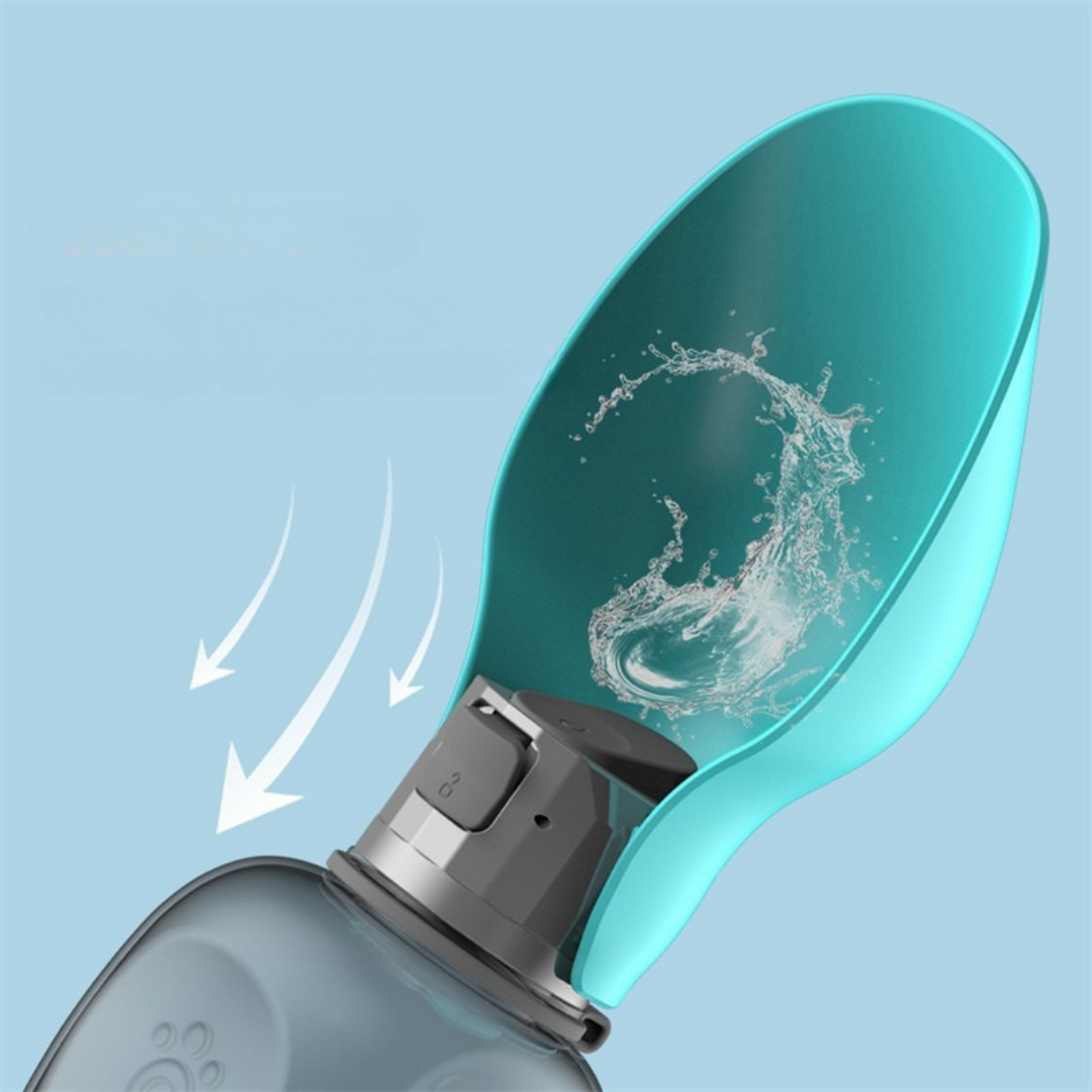 Portable dog water bottle with built-in bowl and one-button dispenser for outdoor hydration depiction of water saving