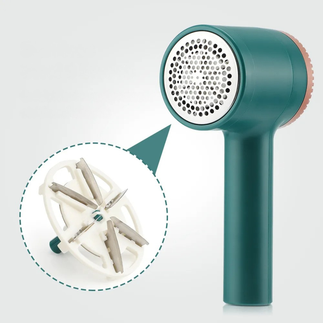 Portable fabric shaver for removing lint fuzz and pilling from clothes and furniture depiction of sharp blades