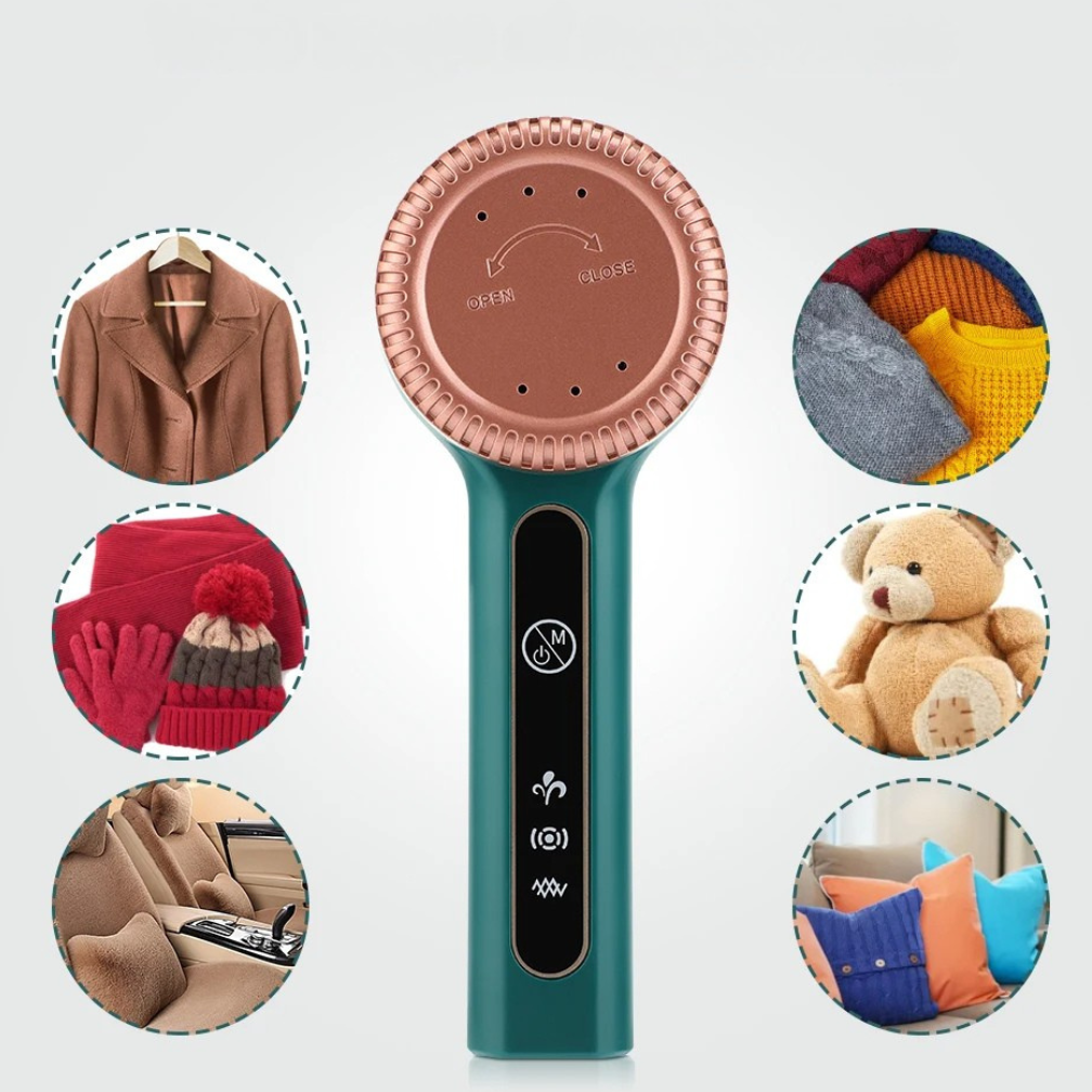 Portable fabric shaver for removing lint fuzz and pilling from clothes and furniture depiction of use cases