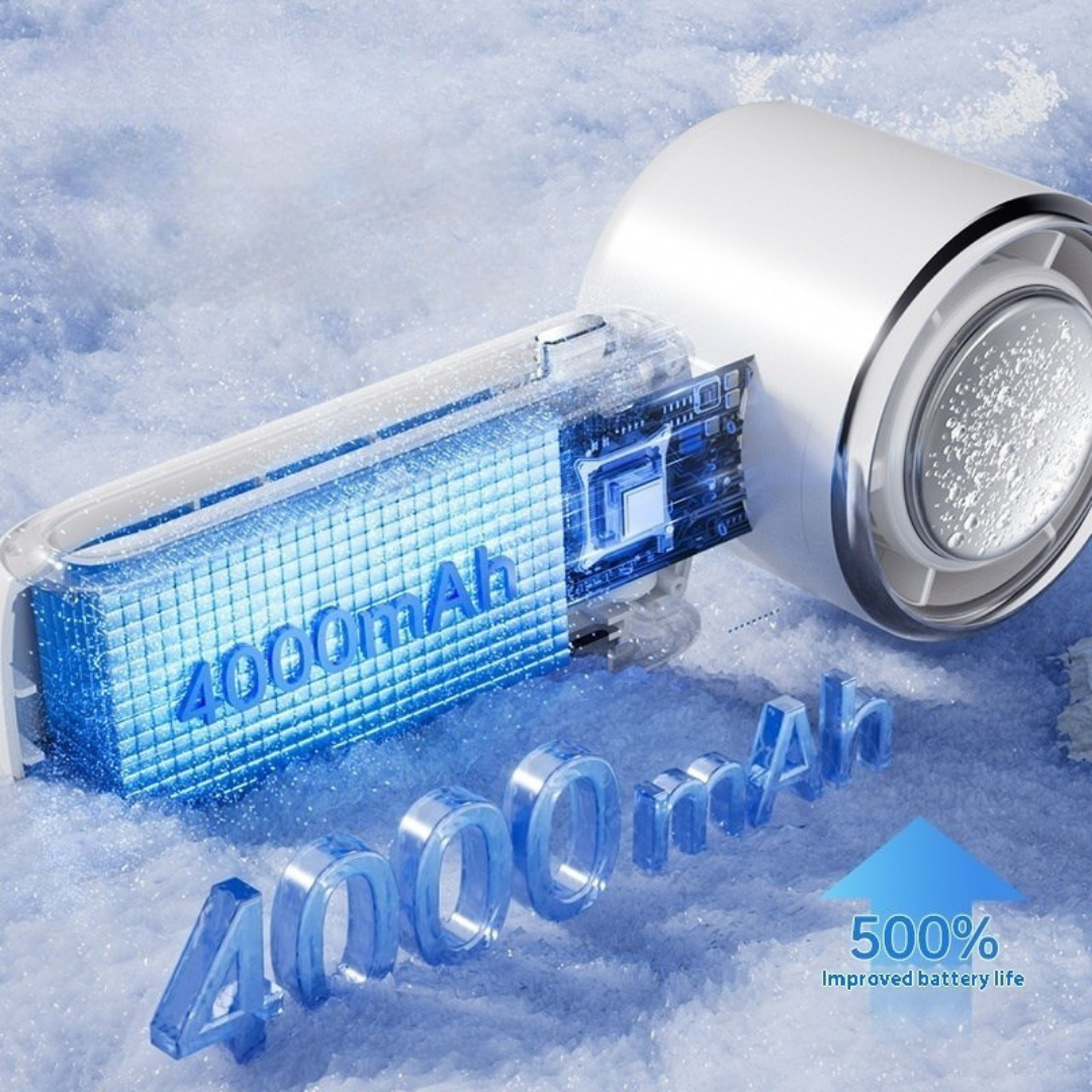 Portable foldable USB cooling fan with adjustable speeds and handheld design for outdoor use depiction of high battery life