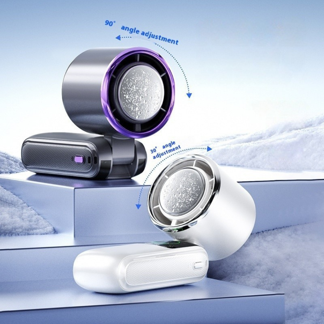 Portable foldable USB cooling fan with adjustable speeds and handheld design for outdoor use depiction of folding feature