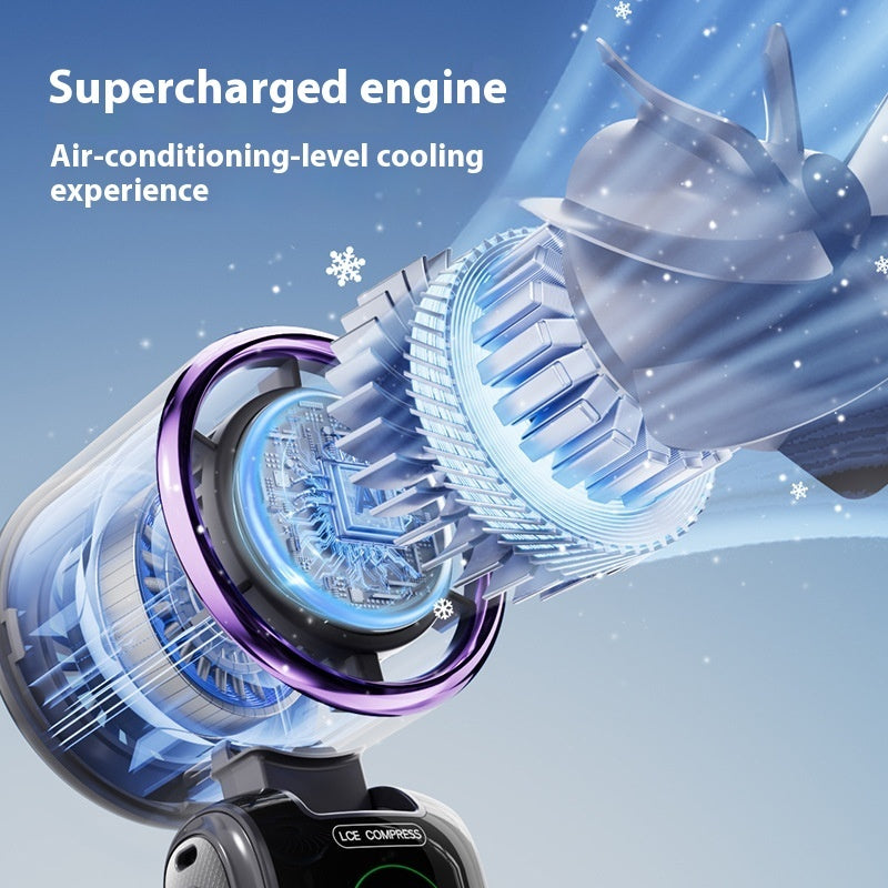 Portable foldable USB cooling fan with adjustable speeds and handheld design for outdoor use depiction of cooling effect with parts
