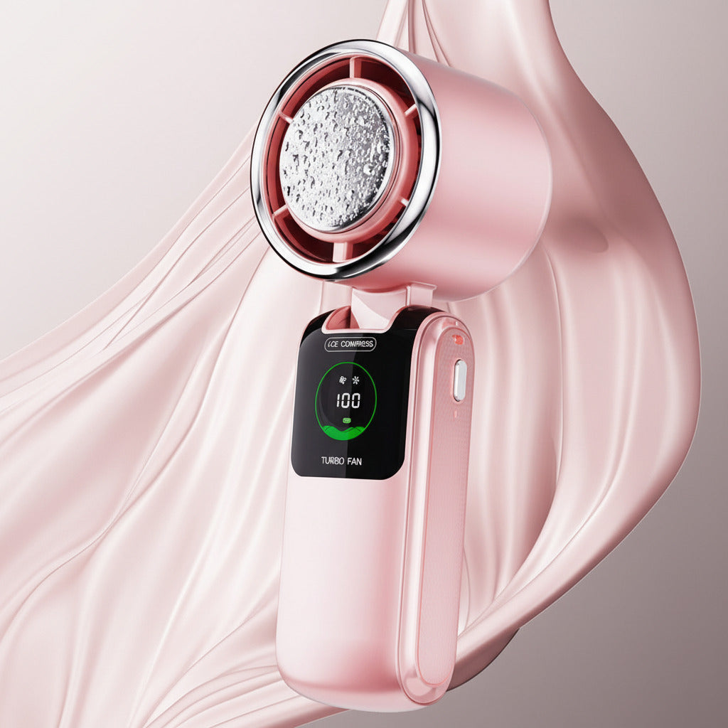 Portable foldable USB cooling fan in pink color with adjustable speeds and handheld design for outdoor use (Color: Pink)